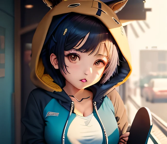 Wearing a jacket with a hoodie, hoodie with animal ears and eyes, no panty, Panty shot, 1 girl, blue short bob cut hair, dark brown eyes, lively, cheerful innocent, too large big emphasized breasts that show a lot of skin, boyish, cute, sporty, breasts that seem to stick out, open-chested showing off cleavage sexy clothes, risqué clothing, too short miniskirt, high beams,