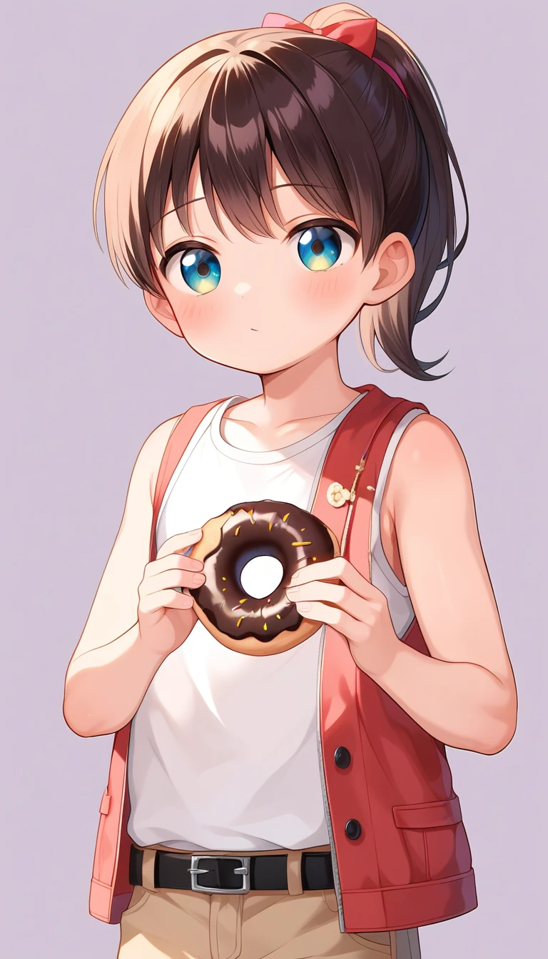 (masterpiece,best quality,beautiful and aesthetic:1.2),(high detailed skin:1.2),8k uhd,dslr,soft lighting,high quality,film grain,((1boy,male)),doughnut,food,solo,ponytail,fruit,sleeveless,holding,bow,holding food,purple background,jacket,8-year-old boy,little boy,kids,child,loli,