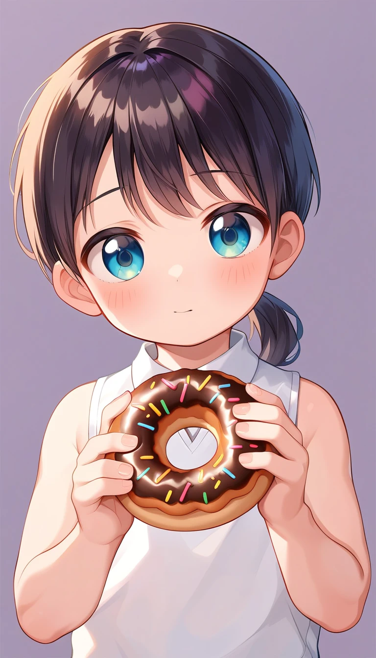 (masterpiece,best quality,beautiful and aesthetic:1.2),(high detailed skin:1.2),8k uhd,dslr,soft lighting,high quality,film grain,((1boy,male)),doughnut,food,solo,ponytail,fruit,sleeveless,holding,bow,holding food,purple background,jacket,8-year-old boy,,kids,child,loli,