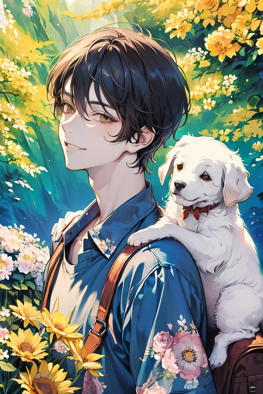 ((young men's:1.1)),(Oversized floral T-shirt:1.35),Prompt: An incredibly charming carrying a backpack, accompanied by her adorable puppy, enjoying a lovely spring outing surrounded by beautiful yellow flowers and natural scenery. The illustration is in high definition at 4k resolution, with highly-detailed facial features and cartoon-style visuals,smile,(Gazing at each other:1.1).