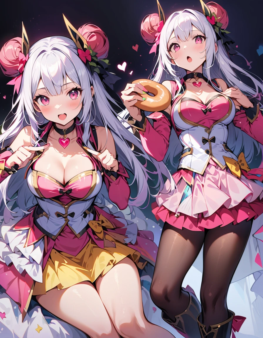 One young and beautiful woman,(Highest quality,Extremely detailed depiction,Incredibly absurd high resolution,Anatomically accurate depiction,Nice hands,Perfect Fingers,Curvy Legs),(Glowing Skin,Glossのある肌),(Sexy Idol),(Idol Costumes,Cute hairstyle,tights,Choker of Hearts,boots,Gloss),eyelash,(Pink Eyes,There is cleavage in the chest,Glossのある口紅,Mouth open),Eating a donut with relish,whole body,background:Inside the cafe