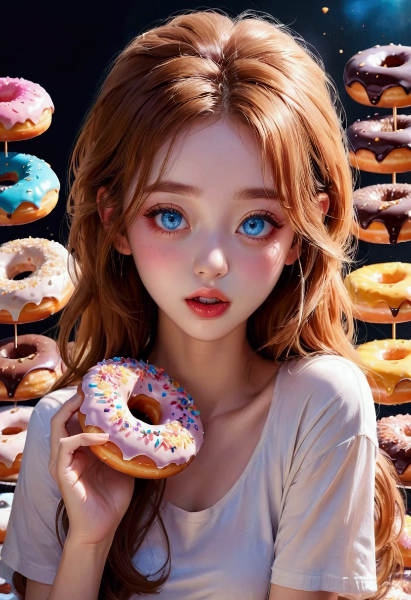 1girl, Eating Donuts, a girl eating delicious donuts, detailed face, beautiful blue eyes, cute expression, mouth open, long eyelashes, messy hair, detailed skin texture, colorful sprinkled donuts, detailed pastry, warm lighting, 8k, highly detailed, masterpiece, best quality, very aesthetic, absurdres