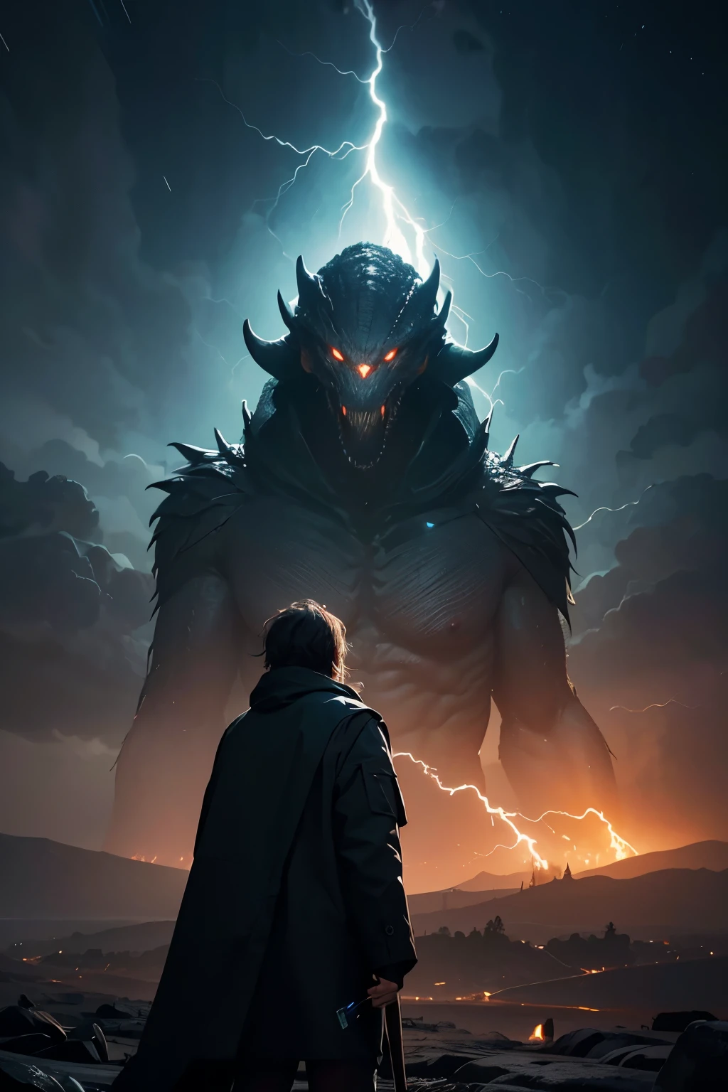 A very detailed painting,universe world, Depicts a man have a weapon on a hill gazing at a giant alien monster lightning rain breath, author:Shinkai Makoto, By Art Jem, From Wlop, author:Greg Rutkowski, Volumetric Lighting, Octane Rendering, 4K resolution, Popular on artstation, masterpiece ,flame magic