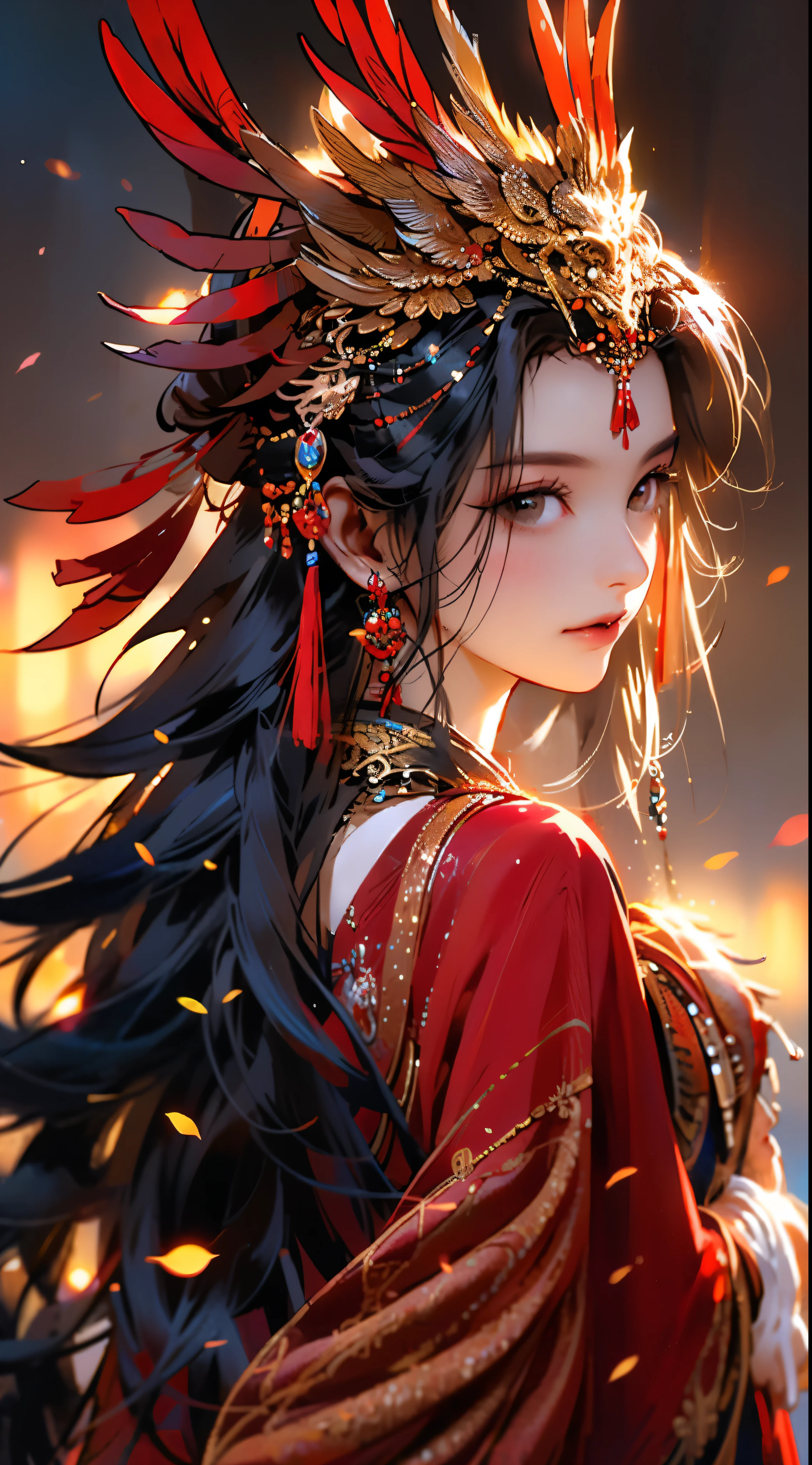 1 Girl, Jewelry, earrings, Solitary, Long hair, Hair accessories, look back, Looking at the audience, red skirt, Black Hair, Upper Body, Shut up, Vague, skirt, tassel, Brown hair, feather, From the back, Chinese clothes, tassel earringssmile,