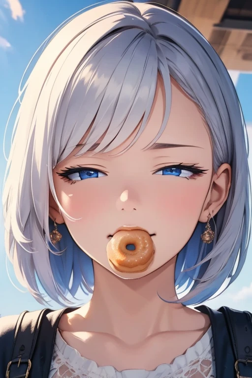 Girl with temperament, (((She is eating very colorful donuts))), delicate facial features, messy hair, very realistic hair, sky background, view of the town, exquisite makeup, thin red lips, black hole, bright eyes, symmetrical face, very realistic face, carefully drawn girl's face, blushing, ultra-high appearance, gazing condescendingly at the viewer with a cute grinning expression, very realistic skin, sebum reflection, artwork, clothes with real fabric texture, realistic painting, cinematic style, photorealistic, ray tracing, realistic light and shadow effects, realism, masterpiece, like the photo effect above, 8K highest image quality full