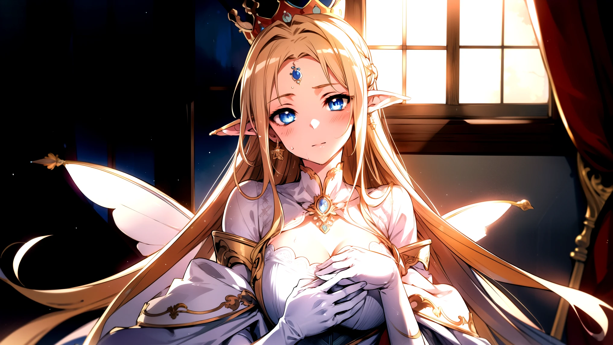 curtain, Sitting on the throne, Crown, Painting (object), window, still life, stage, indoor, Portraiture (object), Chair, White Dress,Cape, chestの谷間, Earrings, Fairy,jewelry, Long pointy ears, Blonde,blue eye,bangs,Circlet,Single Blade, 1 girl, 20-year-old,young woman,beautiful Finger,beautiful long legs,beautiful body,beautiful Nose,beautiful character design, perfect eye, perfect face,expressive eye,Perfect balance, View your viewers,(Focus on her face),Mouth closed, (Innocent_big_eye:1.0),Light_笑face, Official Art,Very detailed CG ユニティ 8k 壁紙, Perfect lighting,colorful, bright_front_face_Lighting,Glowing Skin, (masterpiece:1.0),(Highest_quality:1.0), 超High resolution,4K,Very detailed, photograph, 8k, High resolution, High resolution, Absurd:1.2, 400 for Kodak Port, Film Grain, Blurred Background, Bokeh:1.2, Lens flare, (Vibrant_color:1.2),プロのphotograph, (beautiful,Huge_chest:1.4), (beautiful_face:1.5),(narrow_Waist),白いKnee-high socks、Estrus、vapor、Sweat、Wet、口を開けてDrooling、Drooling、sexy、sexy、garter belt,Knee-high socks,Long gloves