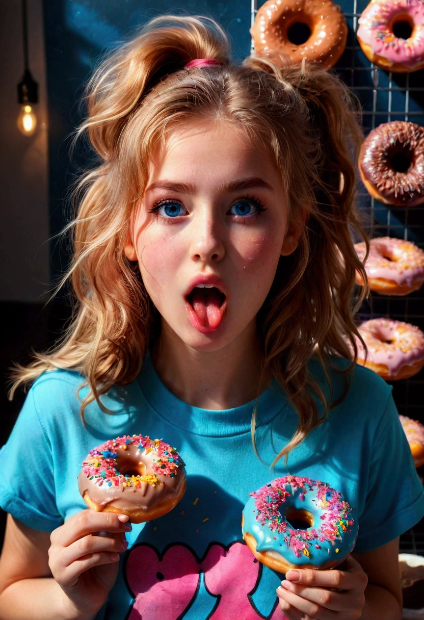 1girl, Eating Donuts, a girl eating delicious donuts, detailed face, beautiful blue eyes, cute expression, mouth open, long eyelashes, messy hair, detailed skin texture, colorful sprinkled donuts, detailed pastry, warm lighting, 8k, highly detailed, masterpiece, best quality, very aesthetic, absurdres