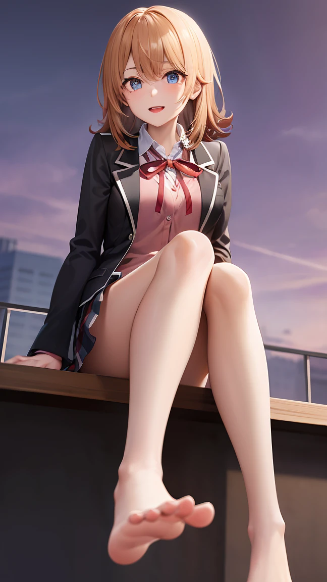 aairoha, medium hair, , neck ribbon, collared shirt, blazer, black jacket, open jacket, long sleeves, plaid skirt,
looking at viewer, looking down, frome below, sleepy eye, smile, teeth, sitting, knee up, presenting toe, foreshortening, foot, legs, thighs,
school, dynamic angle, beautiful purple sunset, 
(masterpiece:1.2), best quality, high resolution, unity 8k wallpaper, (illustration:0.8), (beautiful detailed eyes:1.6), extremely detailed face, perfect lighting, extremely detailed CG, (perfect hands, perfect anatomy),