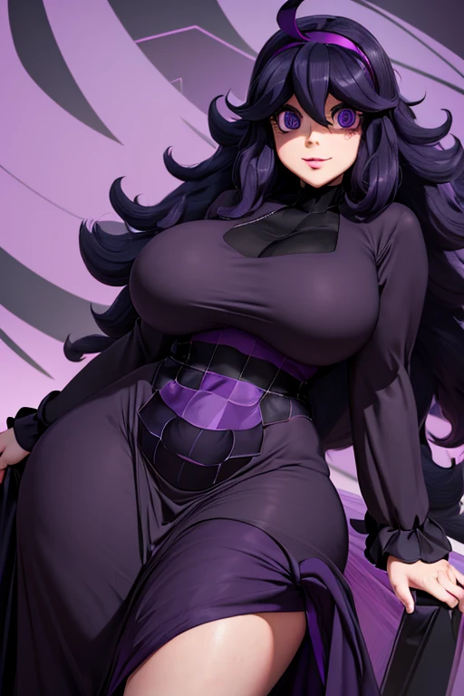 (best quality), (masterpiece), 1 girl, early 20's, huge heavy breasts, busty, massive breasts, thick, thick lips, wide hips, thin waist, (hex maniac:1.5), hairband, messy hair, (purple eyes:1.1), purple hair, purple hairband, @ @, black dress, dress, long dress, long sleeves, juliet sleeves,