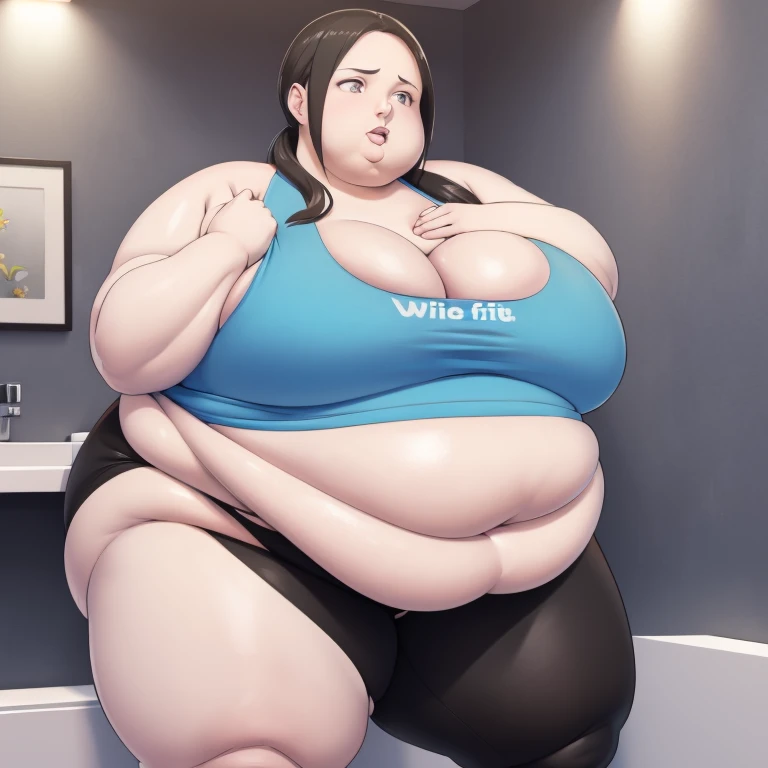 Wii fit trainer, a woman, thick body, extremely white pale skin, a tall and curvy figure, highres, and a hyper massive voluptuous body. She has large thick fat breasts, (gigantic breasts,  1.5), she has thick breasts, an extremely thick giant fat enormous sexy huge humongous gigantic ass, thick figure. The woman has cute long gray hair, detailed eyes, gray eyes. She has a seductive expression, ahegao expression, moaning. The woman is wearing a large blue tank top and gray yoga pants. She is standing in her bedroom, holding her belly, sweating, moaning, and gaining weight, with a sexy fat body. ((obese, fat, excess fat)), (morbidly obese body:1.5) (fat neck and chin). (Very large thighs) (((Colossal thighs, massive thighs, very large thighs))), full body, masterpiece, (NSFW), (exaggerated proportions), (hentai), (perfect anatomy), ((detailed manga illustration)), (detailed face), (4k wallpaper), (best quality,4k,8k,highres,masterpiece:1.2),ultra-detailed,(realistic,photorealistic,photo-realistic:1.37),HDR,UHD,studio lighting,ultra-fine painting,sharp focus,physically-based rendering,extreme detail description,professional,vivid colors,bokeh,portraits,goth, fantasy