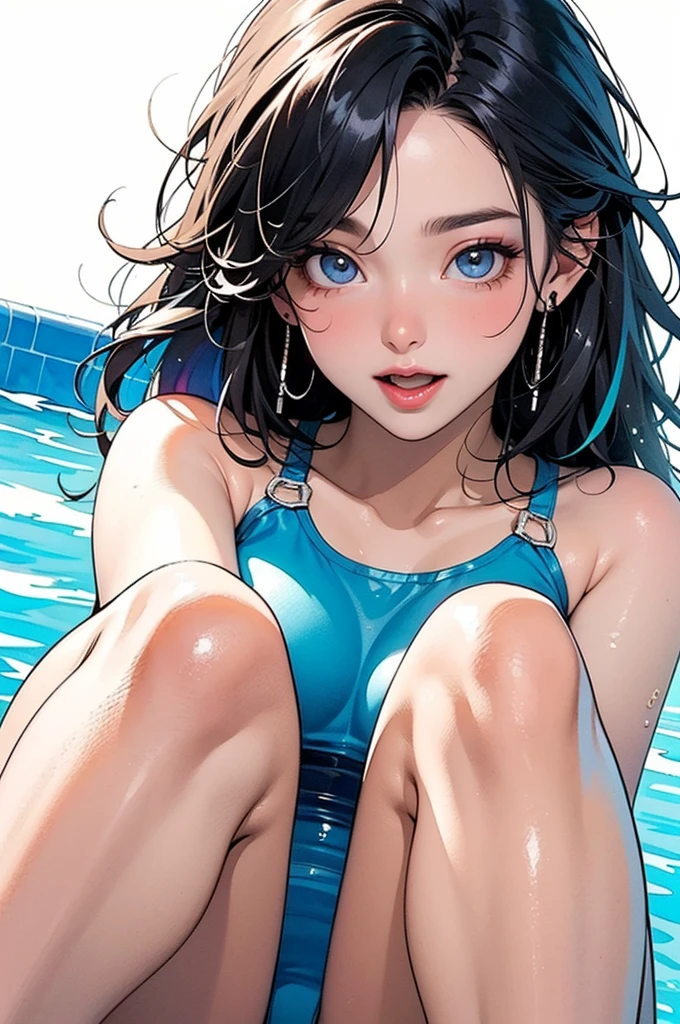 8K quality, anatomically correct, ((ultra detailed, best quality, best quality, detailed watercolor, watercolor splash, amazing background, colorful background, amazing art, very colorful tones, best quality, official art, stylish design)), ((most beautiful woman ever, glowing skin, shiny skin)), ((delicate eyes, best eyes ever, beautiful eyes, big eyes))(multicolored shiny hair, shiny hair, beautiful hair), ((slightly open mouth))(beautifully shaped breasts), ((swimming pool, colorful sparkly swimsuit on white background: 1.2))), ((backwards, close-up of face from knees up, shot from below)))