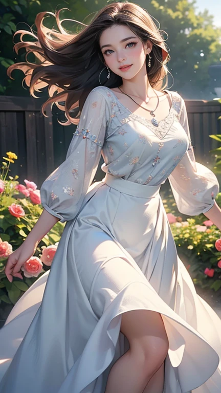 (Highest quality、 8k 、masterpiece、High resolution)、Young lovely woman、Ample breasts、Beautiful clavicle、Slender beauty、(Brown hair medium、My hair is blowing in the wind、Flows backwards)、whole body、 (Beautiful Face,Beautiful Eyes,Beautiful nose,Pretty lips)、(Earrings、silver heart pendant necklace)、(Feminine Style、3/4 Sleeve Lace Blouse、See-through medium long skirt)、Her mouth opens slightly and a smile appears.、Dynamic pose、Outdoor、(garden、Colorful flowers)、looking at the camera、Professional Lighting、Professional photographer、Detailed CG,