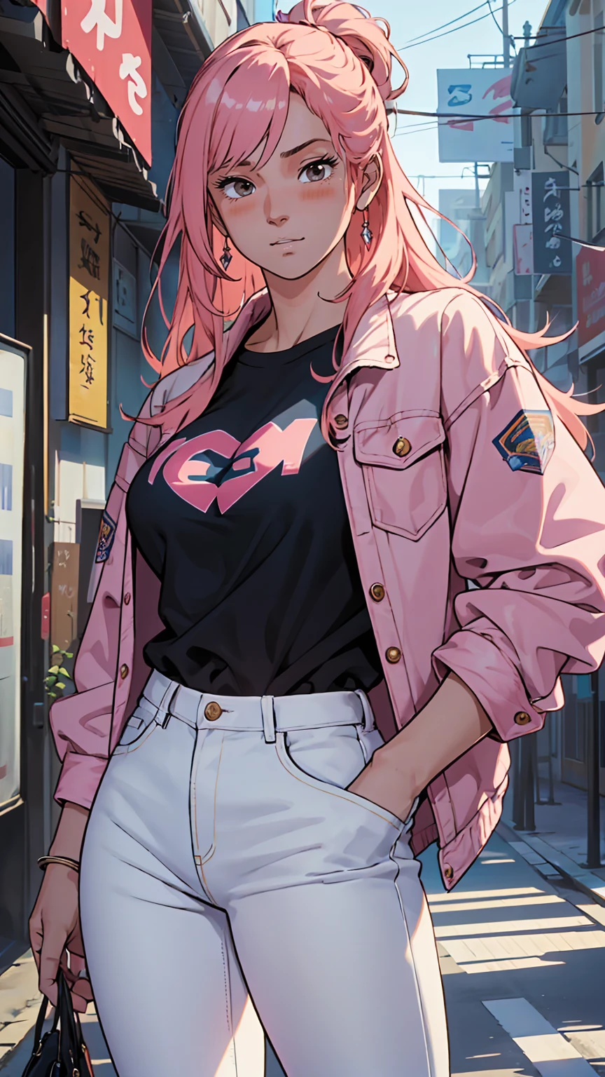 Score_9, Score_8_up, Score_7_up, Score_6_up, Score_5_up, Score_4_up, source_cartoon, masterpiece, ultra quality, Beautiful detailed, extremely detailed,16K, exquisite, highres, Beautiful background, Beautiful eye, Beautiful skin, anime style, Kaori seducing viewers, (She is wearing a white denim jacket over a pink shirt. blue jeans trousers), face focus, 1 girl, alone, Kaori, 27 years old, (cheeky pose), woman's whole body, complete diagram, anger, blush, ecstatic expression, erotic, charm的な, charm, (Muscular female slender body, clavicle, beautiful big breasts, Beautifully chiseled abs, beautiful long legs), cleavage, cleavage, perfect anatomy, It's hard to breathe, vapor, looking at the viewer, perfect quality, good quality, masterpiece, HDR, UHD,