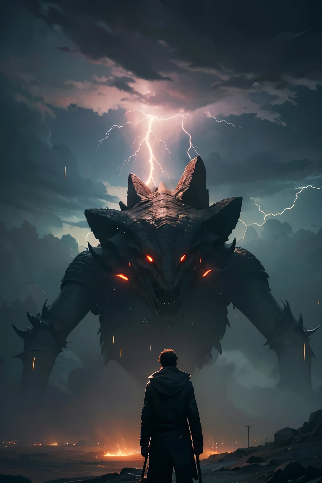 A very detailed painting,world in the sky, Depicts a man have a weapon on a hill gazing at a giant alien monster lightning rain breath, author:Shinkai Makoto, By Art Jem, From Wlop, author:Greg Rutkowski, Volumetric Lighting, Octane Rendering, 4K resolution, Popular on artstation, masterpiece ,flame magic