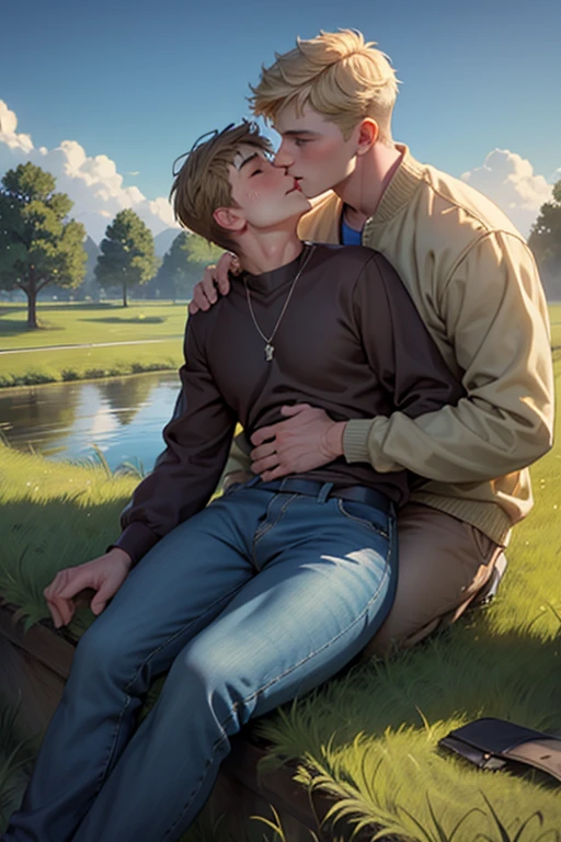 Two men, photo realistic. A -yeld, hsome, lean man with short-cut, blond hair and blue eyes, wearing a brown sweatshirt, and khaki pants, sitting in the lap of a 17-year-o, home, letic, Caucasian man with short, shaved brown hair, and blue eyes, wearing a blue and yellow jersey, and jeans, kissing, groping each other, laying on a grassy field, by a pond in a large city park, at night. Masculine, erotic, sexy, romantic, love, huge bulge.