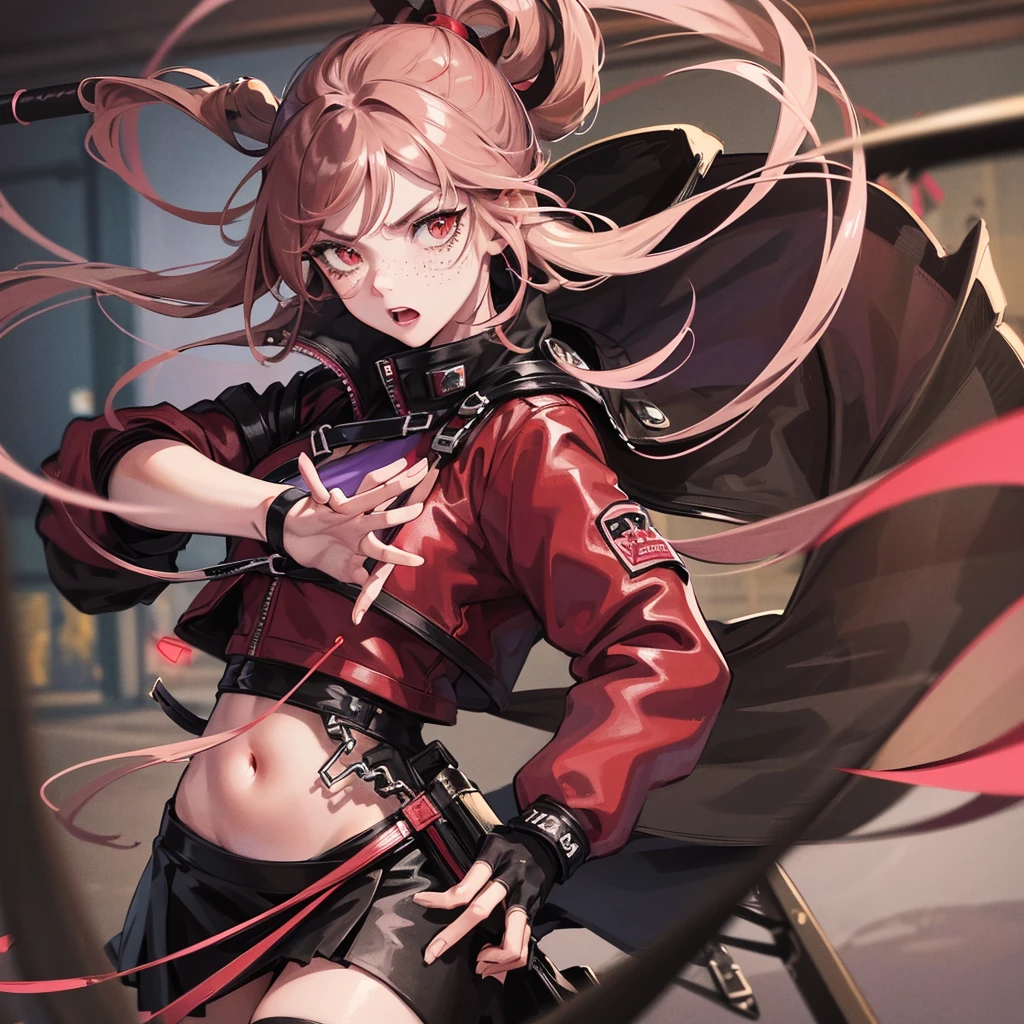 1girl, beautiful detailed eyes, red eyes , Long Brown tips pink hair, serious face, Fingerless gloves, Black skirt, black top, red jacket, black boots, baseball bat in hand , light skin color, Purple ribbon, freckles on her face, black hair band