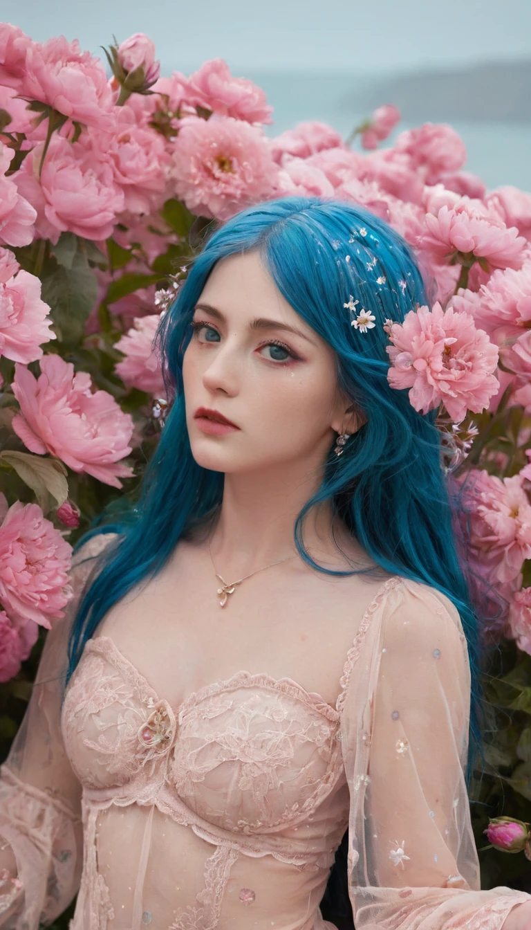( absurd , high quality , Extremely detailed, careful hand )Constellation - Cancer Goddess , Similar to Latin goodness , clever, cunning, reasonable, strong-willed face , Mature , tenacious, Moody, Irritability, Sexual style ,  Ocean blue eyes(Eye details), Long hair , Dark pink hair , Transparent dress , Lace underwear, In a sea of blooming flowers  , whole body , Innocent Makeup ,