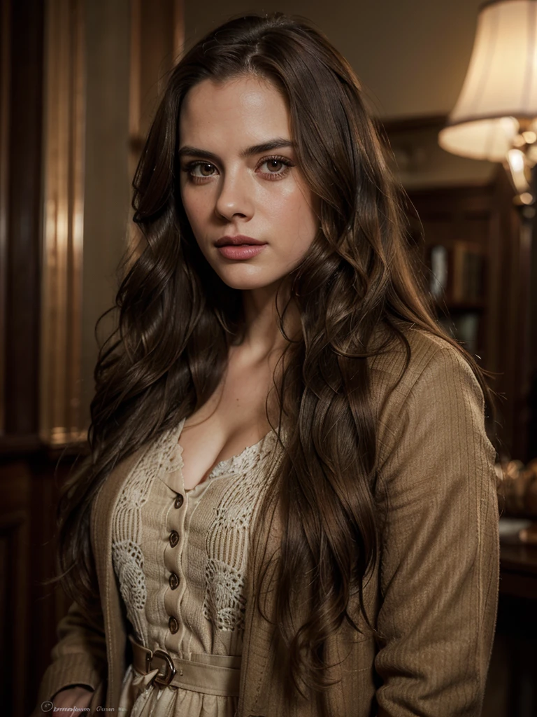 Hayley Atwell, long wavy brown hair, beautiful detailed eyes, beautiful detailed lips, extremely detailed face, elegant brown overcoat, beige dress, beautiful female portrait, photorealistic, high quality, hyperrealistic, cinematic lighting, warm color tone, dramatic pose, mysterious expression, dramatic lighting, detailed background, photographic composition