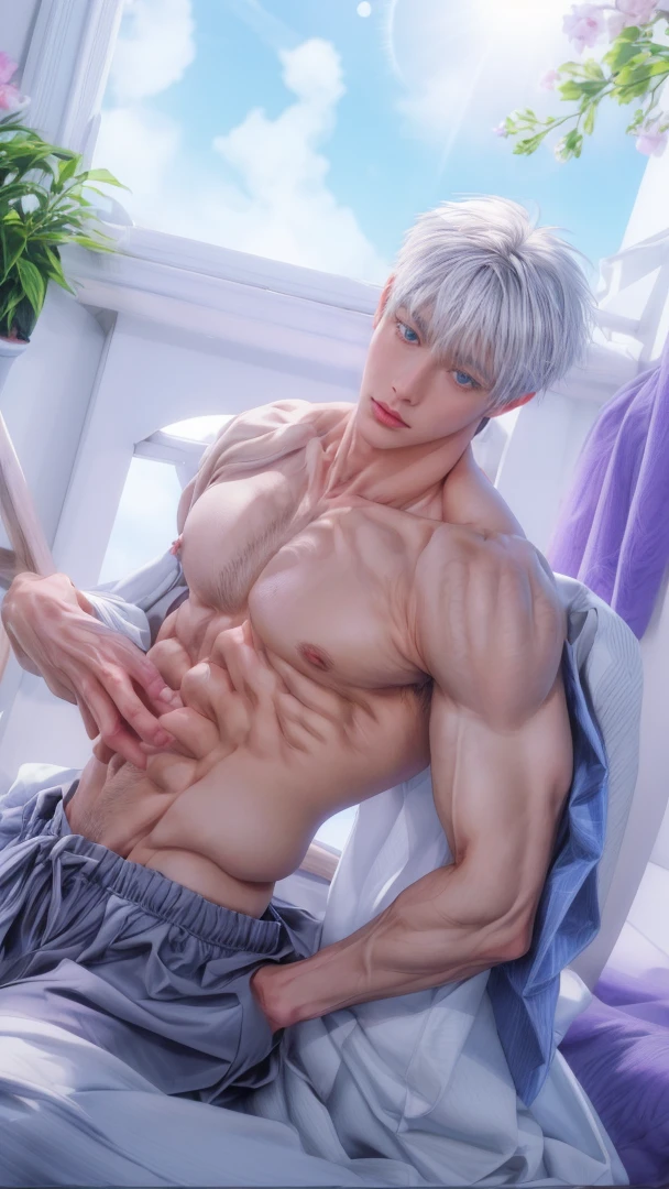 Japanese male model, adult, handsome, perfect face, detailed eyes and face, clean shaved, sixpack realistic, white eyebrow hair, white eyelashes, dynamic lighting, unreal engine 5, hd picture, satoru gojo, white hair, short hair ,hair between eyes ,blue eyes, white skin,