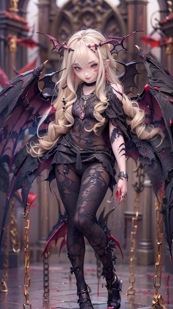 (32K:1.9, Dark fantasy:1.4, Highest quality, masterpiece, Ultra-high resolution), Perfect dynamic composition:1.3, Horror Portrait, chaos, Dark castle interior background:1.3, Prisoner, slave, Dark Demon World, Satanic, (Detailed tattoos on the whole body:1.4, wearing exquisite jewelry:1.4), Very detailedな肌と顔の質感:1.3, Very accurate, Very detailed, (Sexy succubus demon with big wings:1.3, Incredibly slim body:1.3, beautifully、beautiful:1.3), Horn, Fair skin, Sensual posture, Blood splatter, ((Properly dressing badly torn clothing:1.3)), Mid-chest, (Big eyes that exude eroticism:0.4, Feel the intense caress:1.0, Please open your mouth a little, lipstick, Feel the eroticism:0.9, Too sexy:0.9, charm的な:0.9), ((Bloody:1.5, Covered in scars:1.5, Necrosis:1.6, Lots of big chains:1.6, Countless chains tangled in clothes:1.6, Chain your right arm:1.5, Chain the left arm:1.5, The right leg is bound with a shackle and chain:1.5, The left leg is bound with a shackle and chain:1.5)), Super long blonde curly hair, Earrings, necklace, bracelet, romantic, mysterious, elegant, Object of admiration, original, dramatic, artistic, Innovative, charm, Heartful, Fancy, sense of exaltation, Feelings of despair, sense of openness, sense of cleanliness, special, exciting, grotesque, Extreme, Tilt, sense of loss, sorrow, sorrowの表現, ((悪魔のcharm, 女性的なcharm))