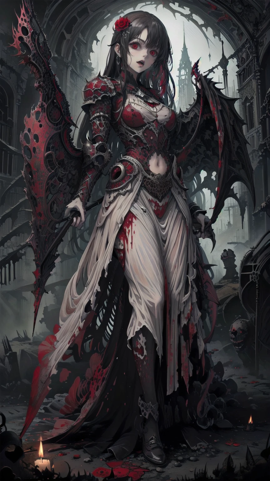 (((Highest quality)))(((High resolution)))外見は黒いfog,Put on your armor,Modern Battle Suit(((detailed)))The shape is humanoid,Modern weapons(((detailed)))Eyes glow red,The shape is made of glowing purple hearts..(((detailed)))Bone格は人間のようだ、Muscle fibers are visible.,fogのようなもので獲物を探す(((detailed)))Barren Land,dead tree,fog,Chaotic world(((detailed)))Battle Scenes,overwhelmingly strong,Highest quality。(Highest quality,4K,High resolution,masterpiece:1.2),非常にdetailed,Realistic:1.37,masterpiece, Highest quality, Exquisitely crafted, woman, beautiful, elegant, smile, Blood, iridescent Long Hair, bangs, skirt, shirt, Long sleeve, Frills, shoes, (Red and Black:1.4), flower, spooky, Horror, 頭蓋Bones, Long Hair, Black Hair, Candles, Blood, hair flower, Dead, hair ornaments, Bone, doll, 頭蓋Bone, skeleton, Horror (theme),spooky altar background,Dark fantasy,Red color scheme,Ominous atmosphere,Eye-catching,Storytelling,anatomy,Anime Style,Concept Art,beautiful細部までこだわった顔と (((Red eyes ))),A terrifying ritual ,Satanic Ritual,Premature death,Improper behavior,クレイジーなsmile,Scythe Face,Girl Monster, beautiful, Delicate facial features, Sharp Eye, Sharp Fangs, Pale skin, blonde,robot,Cursed Painting, Dark Background, Cinema Lighting, Dramatic Shadows, Gothic style, Gloomy atmosphere, Dark fantasy, One Girl, , Please open your mouth wide, Open your mouth and baring your teeth,Sharp teeth like a beast, Wide lips, very wide mouth, Vermilion cheeks, ,(Bloodしぶき:1.4),Scary smile, smile,Fallen angel design, ねじれたsmile、Bloodまみれの、頭からの出Blood,、Bloodしぶき、,(Bloodしぶき:1.4),Crossbones, 頭蓋Bone,Horrorスタイル, ((Fantasy Fallen Angel Costume)), ((流れるようなBlack Hair)), ,(Bloodしぶき:1.4),womanの曲線, Sexy flat stomach, Perfect hands, Perfect anime face, ((White Lolita Dress)), Are standing, ((邪悪なsmile)), ,(Bloodしぶき:1.4), Steam circulates, Moonlight Illumination, night lighting, disaster々new devil horns,,(Bloodしぶき:1.6),アニメFallen angel design, ねじれたsmile、Bloodまみれの、頭からの出Blood,、Bloodしぶき、,(Bloodしぶき:1.4),Crossbones, 頭蓋Bone,Gothic architecture、Western architecture、Fantasy World、,Victorian cities, 骸Boneのガス灯,