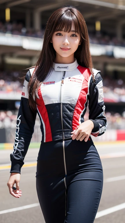 1 Sexy Race Queen Girl , Very bright backlight, alone, {Beautiful and detailed eyes}, Big Breasts, Calm expression, Natural and soft light, Hair blowing in the wind, Delicate facial features, Blunt bangs, Beautiful Japanese Girl, Eyes Smile, Lip Smile, Healthy girl, Racing Stadium, Plein Air, In games, 20-year-old, ((Model pose)), Glamorous figure, Film Grain, Real Hands, (Colorful and shiny promotional uniforms:1.3), Tight Dress, accessories, Thigh Show, No sleeve, (Open the zipper near the chest area、Show the division...:1.3), (Formula car:1.3)