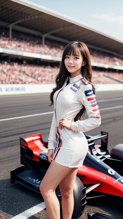 1 Sexy Race Queen Girl , Very bright backlight, alone, {Beautiful and detailed eyes}, Big Breasts, Calm expression, Natural and soft light, Hair blowing in the wind, Delicate facial features, Blunt bangs, Beautiful Japanese Girl, Eyes Smile, Lip Smile, Healthy girl, Racing Stadium, Plein Air, In games, 20-year-old, ((Model pose)), Glamorous figure, Film Grain, Real Hands, (Colorful and shiny promotional uniforms:1.3), Tight Dress, accessories, Thigh Show, No sleeve, (Open the zipper near the chest area、Show the division...:1.3), (Formula car:1.3)