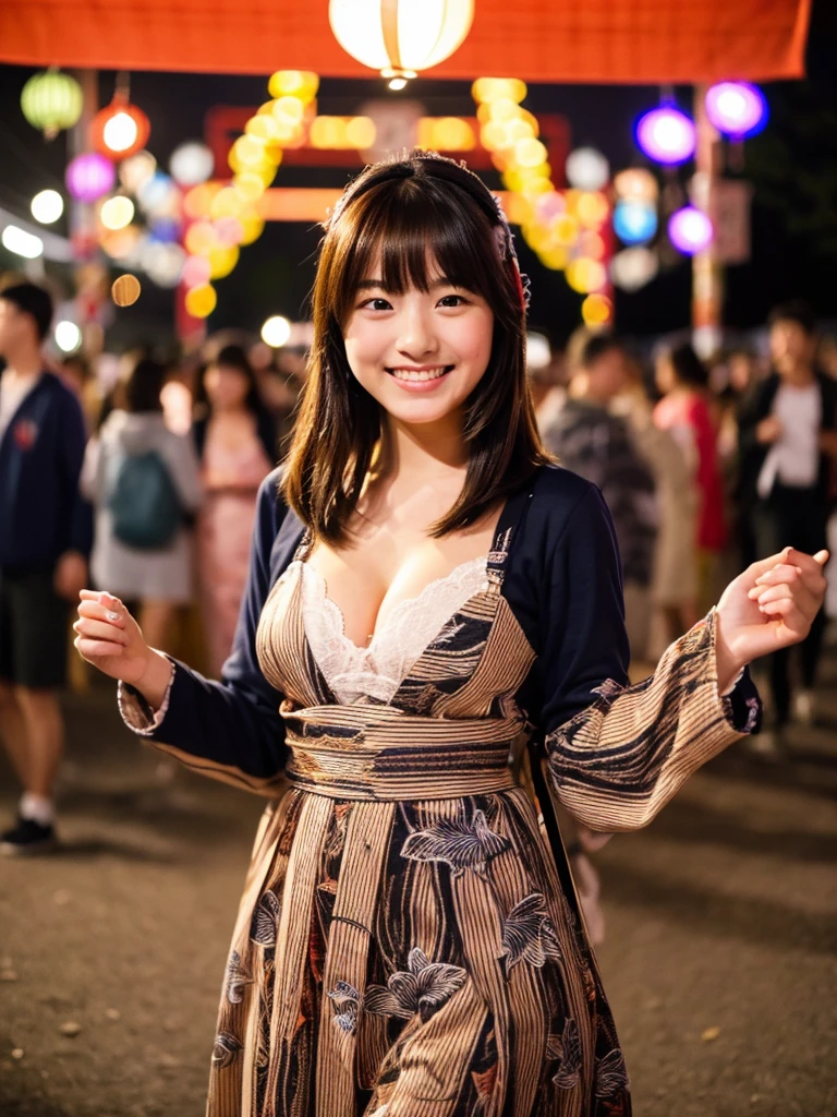 A very cute face like an idol、A young-looking 20-year-old woman、Smiling Kindly、Wearing a Japanese long-sleeved yukata、Cleavage、night、Walking through a Japanese festival、Natural light、Whole body、High level of artistry
