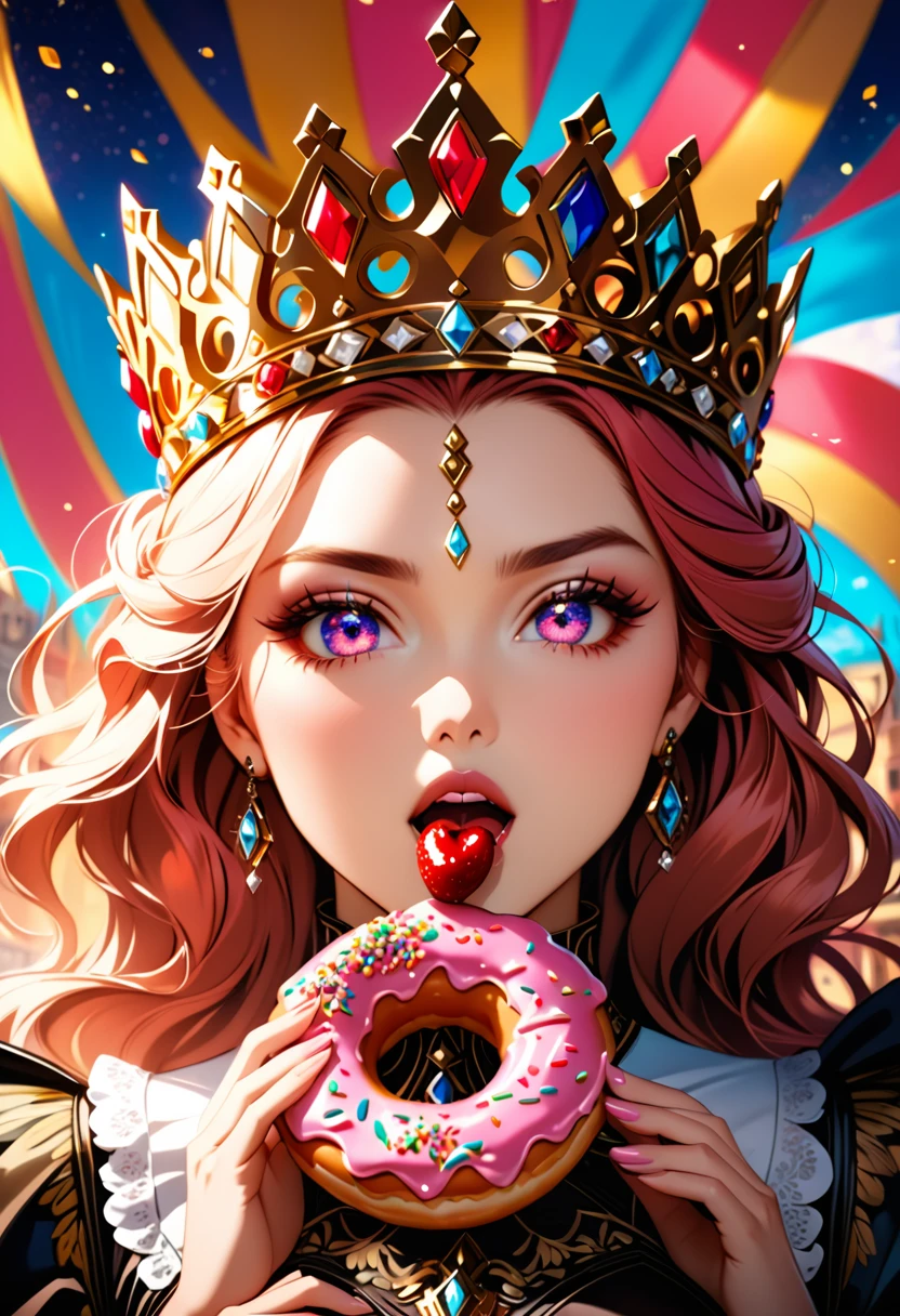 an oil painting portrait of a queen eating a (an epic donut: 1.3), an exotic exquisite beautiful queen, dynamic hair color, wavy hair, dynamic eyes color,  intense eyes, wearing glamour silk dress, intricate detailed dress, dynamic color dress, dynamic style dress, wearing diamond crown ((eating  a large donut: 1.3)),  (cherries: 1.1), (whipped cream: 1.1), (chocolate bar: 1.1)  fantasy pastry shop background,  vibrant, Ultra-high resolution, High Contrast, (masterpiece:1.5), highest quality, Best aesthetics), best details, best quality, highres, 16k, [ultra detailed], masterpiece, best quality, (extremely detailed) RAW, (ultra details, Masterpiece, best quality),   , Intense gaze, blood, Cinematic Hollywood Film
