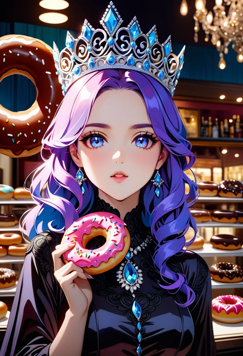 an oil painting portrait of a queen eating a (an epic donut: 1.3), an exotic exquisite beautiful queen, dynamic hair color, wavy hair, dynamic eyes color,  intense eyes, wearing glamour silk dress, intricate detailed dress, dynamic color dress, dynamic style dress, wearing diamond crown ((eating  a large donut: 1.3)),  (cherries: 1.1), (whipped cream: 1.1), (chocolate bar: 1.1)  fantasy pastry shop background,  vibrant, Ultra-high resolution, High Contrast, (masterpiece:1.5), highest quality, Best aesthetics), best details, best quality, highres, 16k, [ultra detailed], masterpiece, best quality, (extremely detailed) RAW, (ultra details, Masterpiece, best quality),   , Intense gaze, blood, Cinematic Hollywood Film
