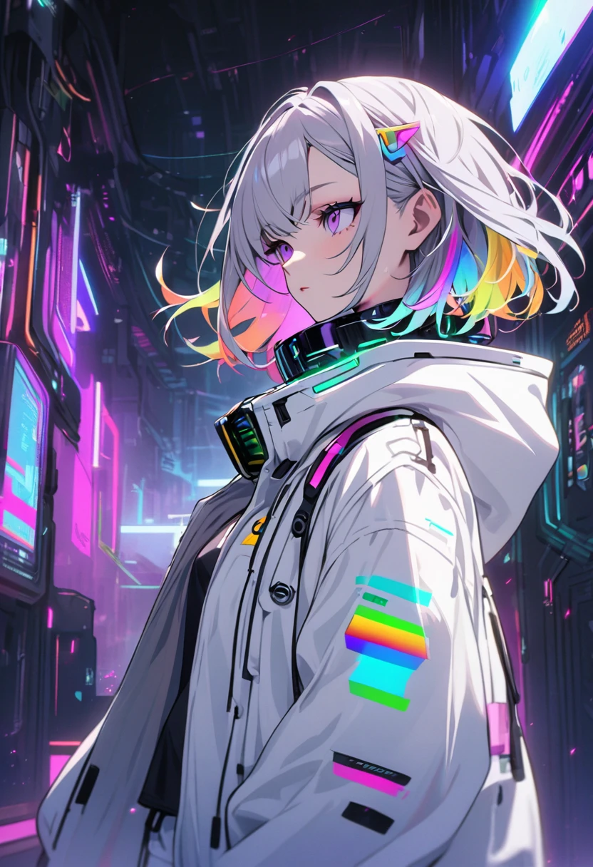 good looking, alone, 1 female, Medium Hair, Gray Hair, Rainbow Hair, Purple eyes, White clothes, Futuristic, cyber punk, Cybernetic, neon, Scientist