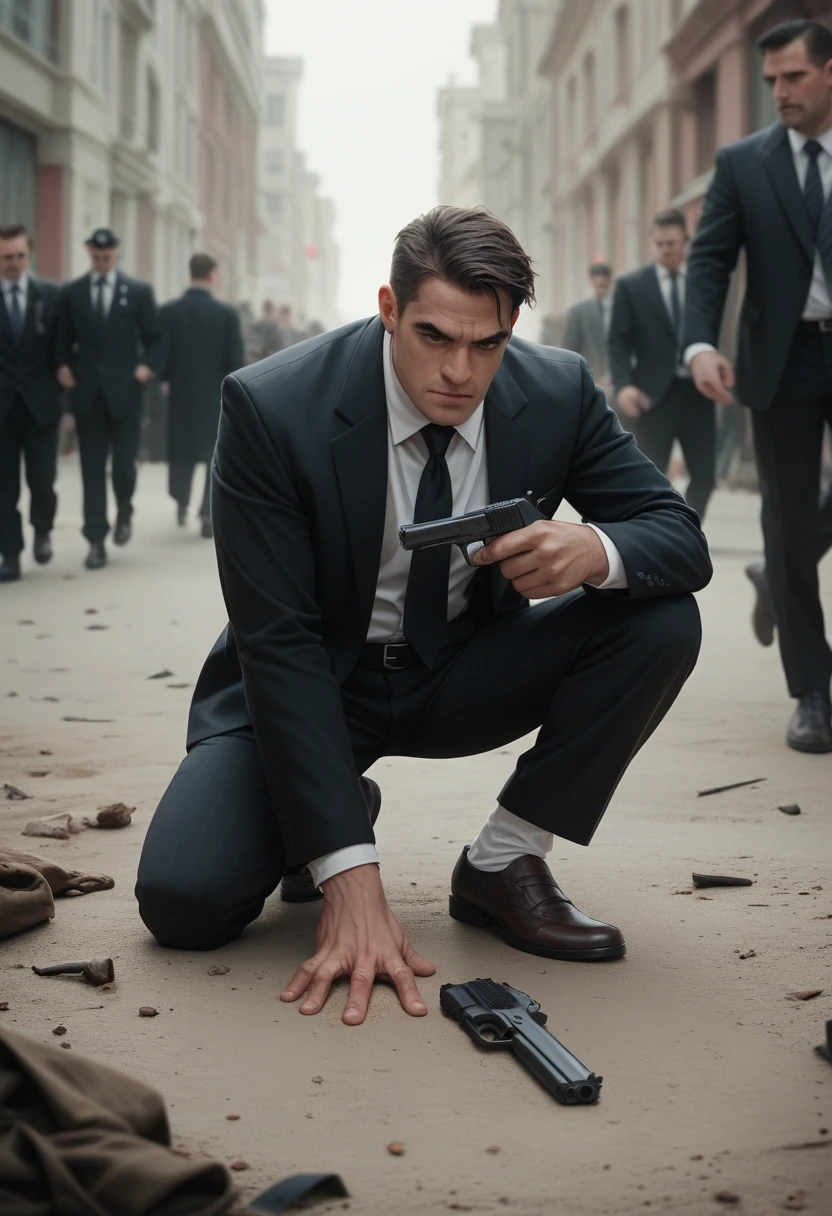 A war between men in black suits, a guy killing everyone with a pistol and several bodies on the ground