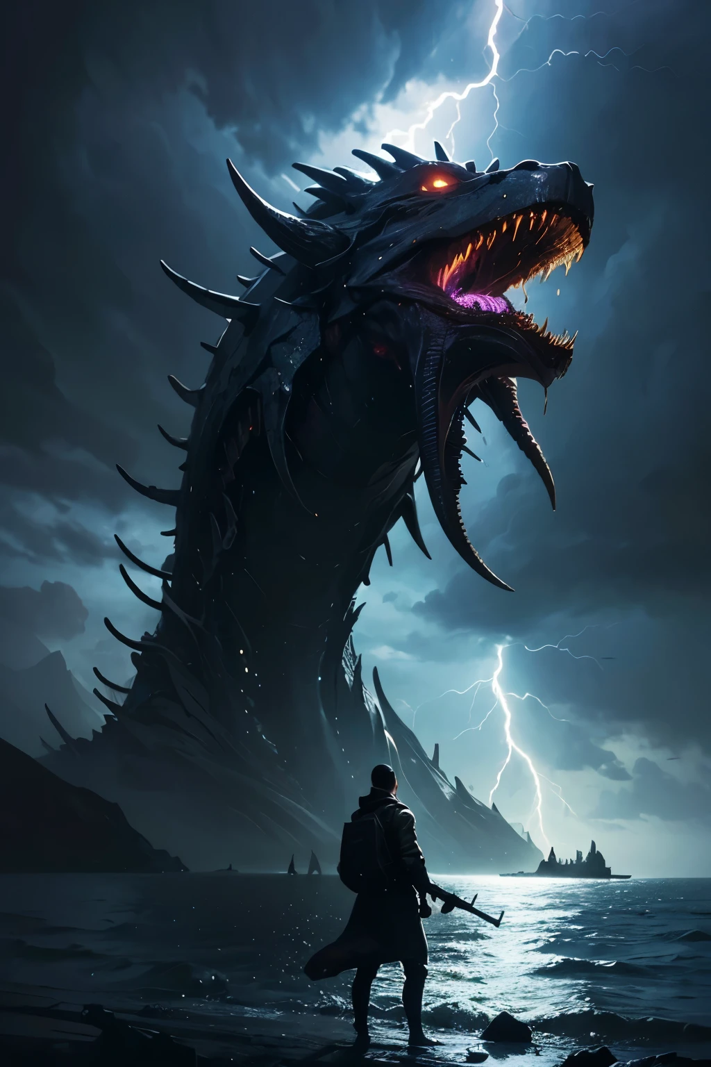 A very detailed painting， The bottom of the sea, Depicts a man　have a weapon on a hill gazing at a giant alien monster lightning rain breath, author：Shinkai Makoto, By Art Jem, From Wlop, author：Greg Rutkowski, Volumetric Lighting, Octane Rendering, 4K resolution, Popular on artstation, masterpiece ,flame magic