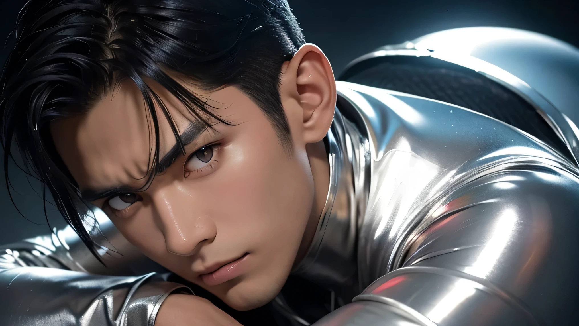 Japanese male handsome model Black Hair Short cut G-I-A-CUT looking at the camera Shiny full-body silver suit Shiny silver latex suit Fierce face Handsome future Metal Body grim stare gaze Sad expression Moist eyes Face close-up Close-up of eyes