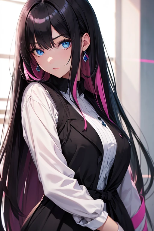 a beautiful young woman, long black hair and pink highlights, blue eyes.