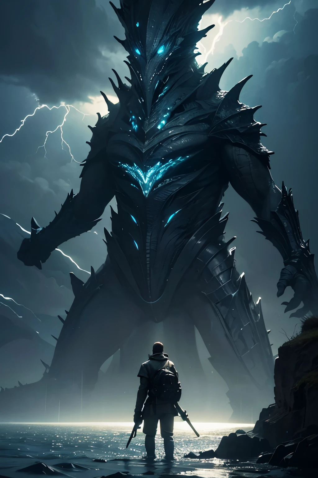 A very detailed painting, The bottom of the sea, Depicts a man have a weapon on a hill gazing at a giant alien monster lightning rain breath, author:Shinkai Makoto, By Art Jem, From Wlop, author:Greg Rutkowski, Volumetric Lighting, Octane Rendering, 4K resolution, Popular on artstation, masterpiece ,flame magic