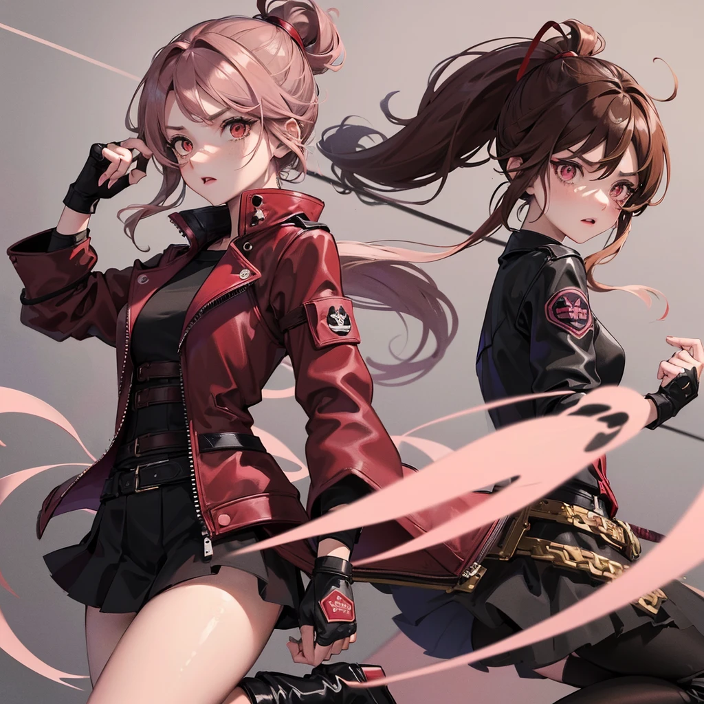 1girl, beautiful detailed eyes, red eyes , Long Brown tips pink hair, serious face, Fingerless gloves, Black skirt, black top, red jacket, black boots, baseball bat in hand , light skin color, Purple ribbon, freckles on her face, black hair band