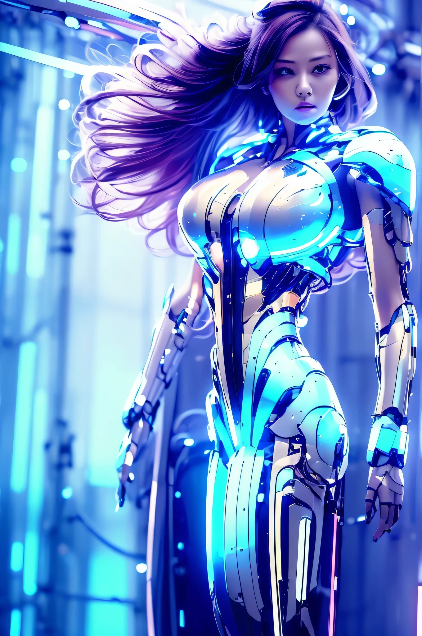 Highest quality, masterpiece, figure, (Realistic, photo-Realistic:1.37), wonderful, In detail, Incredibly absurd, Large file size, Very detailed, High resolution, Very detailed CG Unity 8k wallpaper, Very detailed目と顔, Ray Tracing, Browsing Caution, NUDE, One girl, Korean cyborg girl is innocent and young々Has a sly expression. She poses boldly with her arms raised above her head, Revealing her voluptuous figure. She is wearing a small black mecha armor top that barely covers her breasts., Exposing most of her flawless skin. Her shoulders and head have more armor detailing.、There are shining highlights, Tech Panels and Mechanisms. She is standing against a futuristic cityscape lit up with vibrant neon lights.、Standing full of energy。.