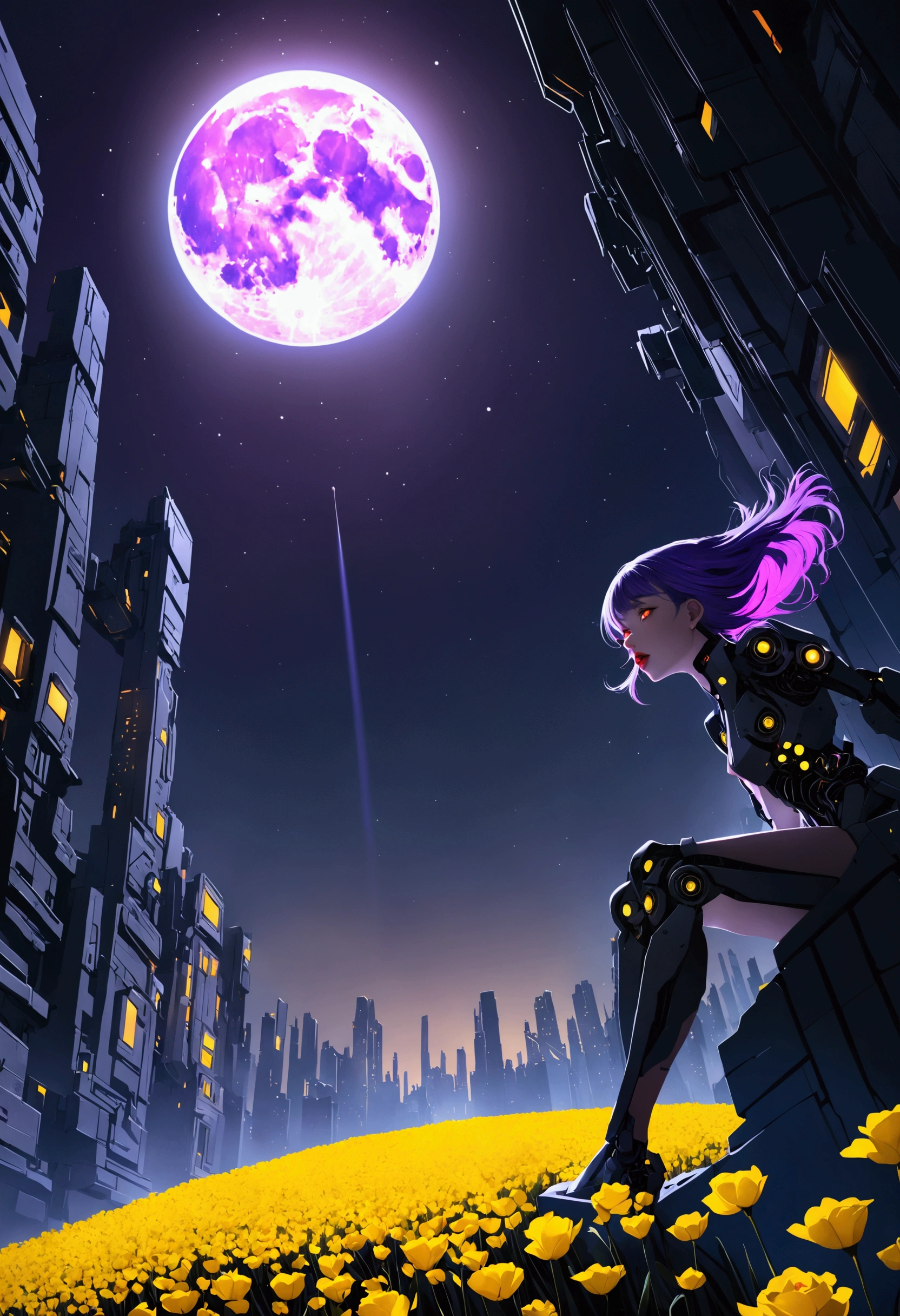 masterpiece, best quality, (非常详细的 CG 统一 8k 壁Paper) (best quality), (Best Illustration), (最佳shadow), beautiful girl, Looking at the audience, Small Breasts, Wearing a rugged jacket, Robotic Arm, (Glowing skin),Red lips, Open your mouth, Cyberpunk Architecture, Extremely exquisite and beautiful, (Floating purple hair), shadow, Relief, Stereogram, Atmospheric perspective, 8K, Super Detail,A moon, Yellow flowers , Paper_cut, , (Mysterious atmosphere), flash:0.8, Light rising from the bottom, A bunch of glowing white particles floating, Many small fires floating,