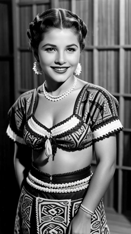 Joan Fontaine dressed in traditional Samoan clothing with lipstick and smiling