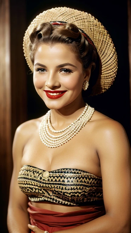 Joan Fontaine dressed in traditional Samoan clothing with lipstick and smiling