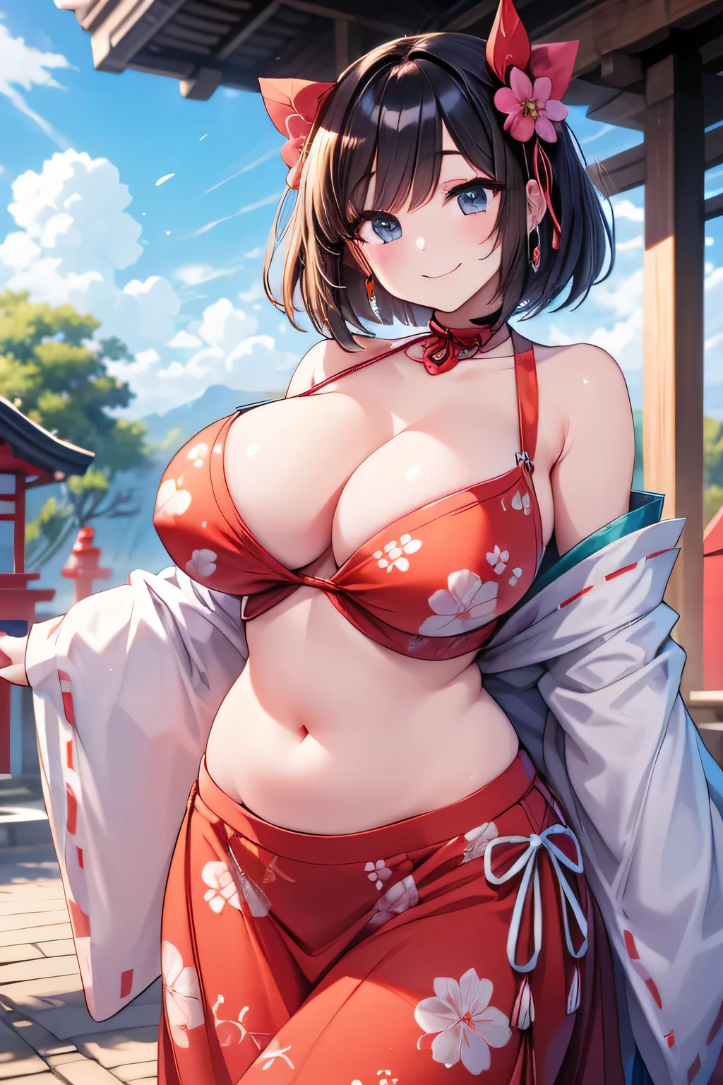 Anime illustration、Youth Manga Style、High resolution、Fantasy、Close-up of a person、A voluptuous shrine maiden greets visitors with a smile at a shrine where a refreshing breeze blows.、Perfect proportions、Cowboy Shot、Lewd pose、Huge 、Sei Shonagon