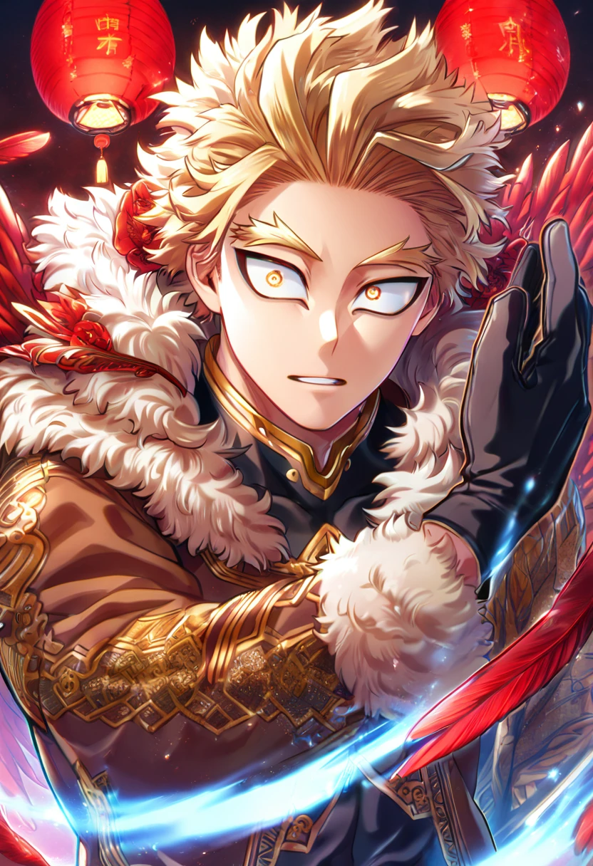 absurd resolution, high resolution, ultra detailed, detailed eyes, delicated features, extremely detailed, HDR, 8K, Hawks, ash-blonde hair, expressive golden eyes, Boku No Hero Academia, solo, sexy man, handsome, brown jacket with fur, black tight shirt with patterns, hero clothes, black gloves, red wings, fantasy, cool, magical, red glittering butterflies, red dust flying around, red flowers, red feathers, red lanterns, red blossoms