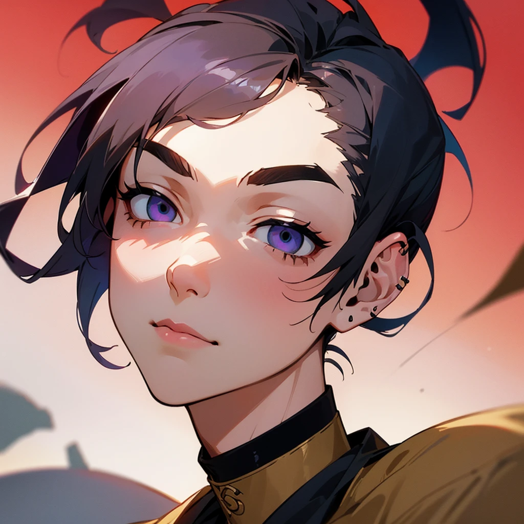 High-resolution square icon, close-up of a cool-looking young adult male face, including the following features: - Age: 25 years old - Expression: Confident gaze, with a slightly challenging smile - Hairstyle: Two-block cut with an up-bangs style, swept back like an undercut - Sides and back cut short - Top longer and swept backwards - Hair color: Dark brown base with subtle highlights (deep red or purple tones) - Facial features: Sharp jawline, high cheekbones, well-defined nose bridge - Accessories: Small silver hoop earring in one ear, subtle eyebrow piercing Background: - Abstract rock and roll motifs (silhouettes of electric guitars, amplifiers, musical notes) - Overall subdued color scheme (deep burgundy or navy) with subtle neon accents Texture: - Apply fine grunge texture to face and hair (more delicate than sand grain) - Rough brush strokes and splatter effects in the background Style: - Contrasting, mature color palette - Combine semi-realistic depiction with stylized edges - Lighting: Soft light from an upper angle, creating dimensional shadows Additional notes: - Balance mature male charm with a rock atmosphere - Overall composition should be sophisticated and eye-catching I've translated the prompt into English, maintaining all the key elements and details from the Japanese version. This English prompt can be used with AI art generators that prefer or require English input. The prompt includes all the specifics you requested: 1. A 25-year-old adult male model 2. Two-block haircut with up-bangs swept back in an undercut style 3. Stylish and rock-inspired elements 4. Colorful yet sophisticated appearance
