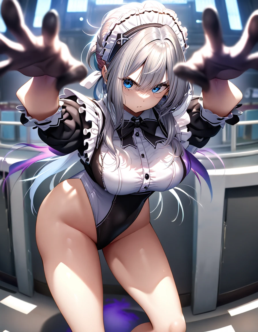 12k, masterpiece, best quality, very aesthetic, absurdres, anime artwork, anime style, key visual, vibrant, studio anime, highly detailed highly detailed, volumetric, dramatic lighting,(Maid leotard details:2.0),(1 girl:1.2),,Long Hair:1.5, (Short sleeve, Thighs,Maid Cufflinks),,(High heel lace-up boots:1.4), (Without skirt:3.0),Dark aura,Leotrad,,Audience Recruitment,(at a research facility:1.2),(whole body:1.4),(Fighting Pose:1.2),looking at viewer, standing