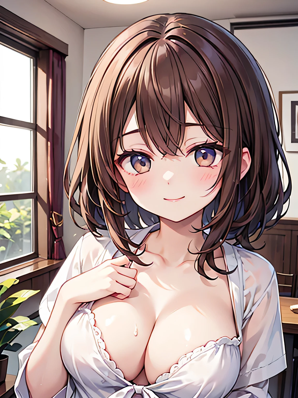 Cream on the chest、Brown Hair、woman、smile