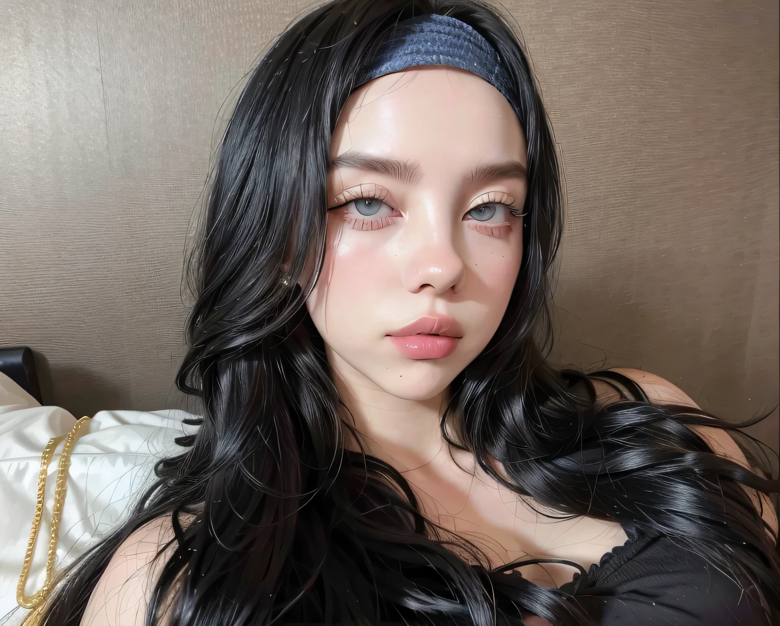 blonde woman with long hair and piercings posing for a photo, with long black hair, with long black hair, perfect white haired girl, ava max, tifa lockhart with black hair, pale porcelain white skin, anime girl in real life, with black hair, extremely black hair, very black hair, with long black hair, Her hair is black