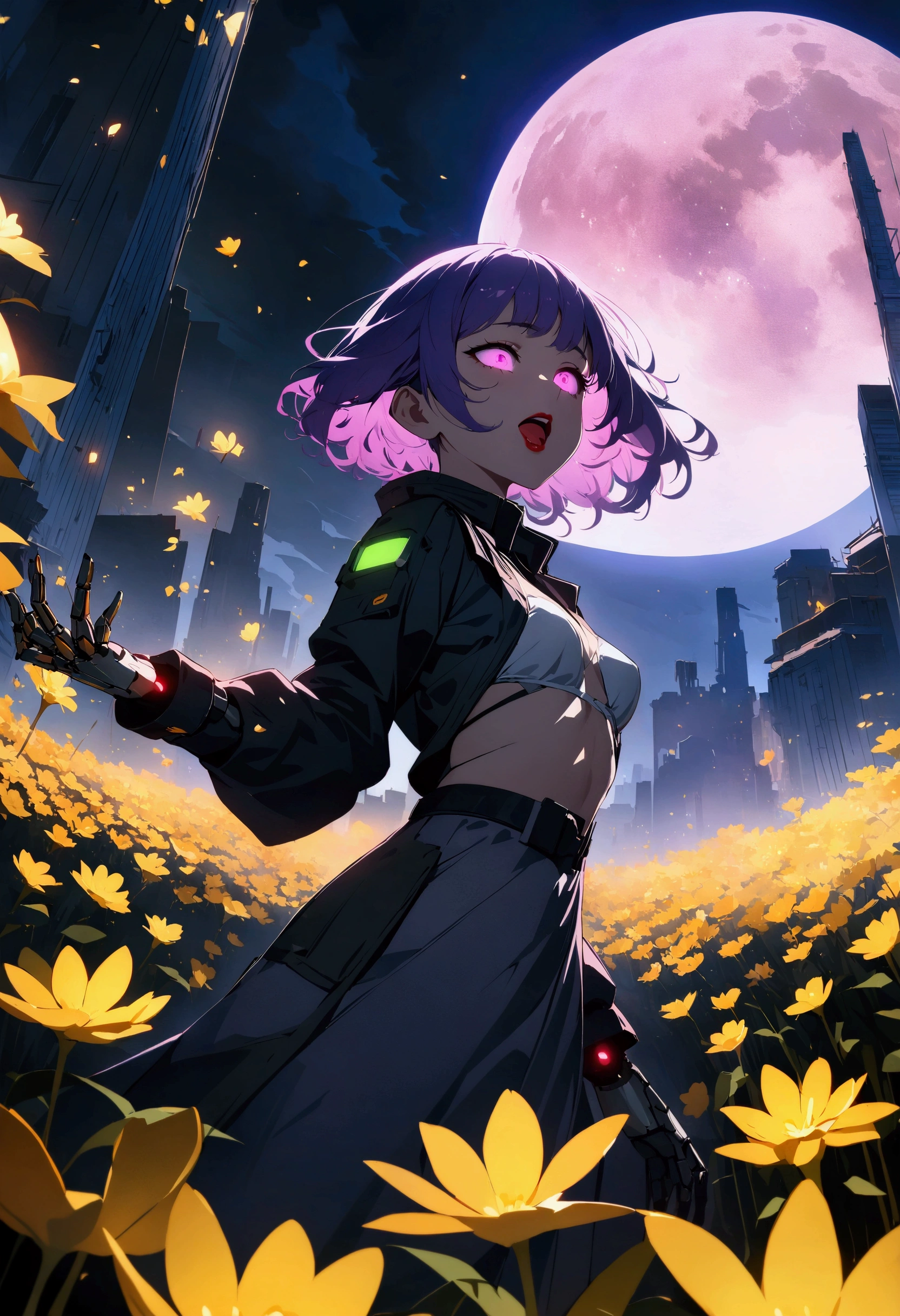 masterpiece, best quality, (非常详细的 CG 统一 8k 壁Paper) (best quality), (Best Illustration), (最佳shadow), beautiful girl, Looking at the audience, Small Breasts, Wearing a rugged jacket, Robotic Arm, (Glowing skin),Red lips, Open your mouth, Cyberpunk Architecture, Extremely exquisite and beautiful, (Floating purple hair), shadow, Relief, Stereogram, Atmospheric perspective, 8K, Super Detail,A moon, Yellow flowers , Paper_cut, , (Mysterious atmosphere), flash:0.8, Light rising from the bottom, A bunch of glowing white particles floating, Many small fires floating,