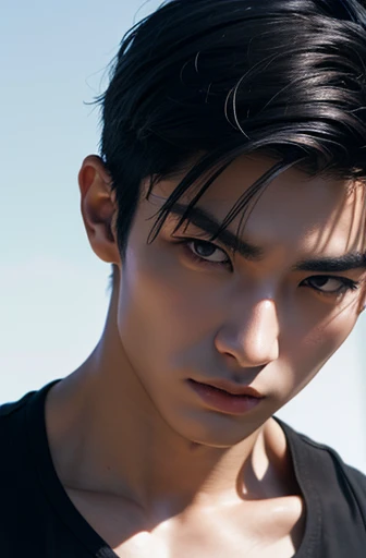 Japanese Male Model　Cool 18 year old　Short black hair　Slim and muscular　Fierce　Bright screen　Close-up image