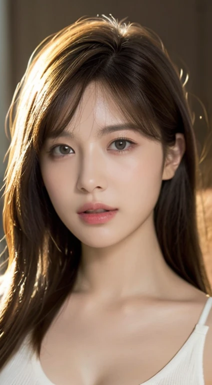 ((highest quality, 8k, masterpiece:1.3)), concentrated:1.2, Beautiful woman with perfect figure:1.4, ((Cut your hair in layers, Beautiful breasts:1.2)), Bandeau dress:1.1, Highly detailed face and skin texture, Detailed eyes, double eyelid，Whitening the skin，Long white hair，close - up studio photo, Japanese Model, Big Breasts, Beige sleeveless tight knit, ID photo